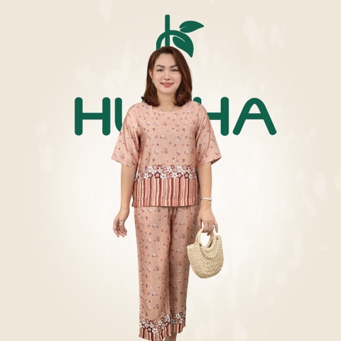 (Mẫu HA36) - Đồ trung niên nữ HUY HÀ, chất vải lụa tơ tằm, áo cổ tròn quần 9 tấc