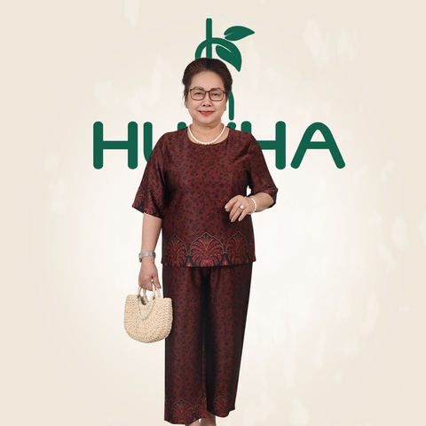 (Mẫu HA38) - Đồ trung niên nữ HUY HÀ, chất vải lụa tơ tằm, áo cổ tròn quần 9 tấc