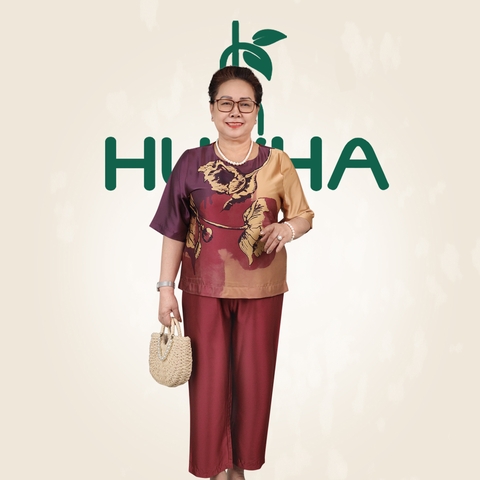 (Mẫu HA40) - Đồ trung niên nữ HUY HÀ, chất vải lụa tơ tằm, áo cổ tròn quần 9 tấc