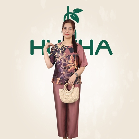 (Mẫu HA44) - Đồ trung niên nữ HUY HÀ, chất vải lụa tơ tằm, áo cổ tròn quần 9 tấc