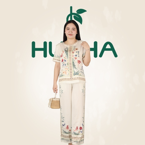 (Mẫu M11) - Đồ trung niên nữ HUY HÀ , lụa tơ tầm - quần dài ống rộng , tay ngắn