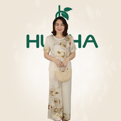 (Mẫu M21) - Đồ trung niên nữ HUY HÀ , lụa tơ tầm - quần dài ống rộng , tay ngắn