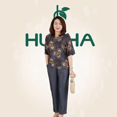 (Mã T16) Đồ bộ trung niên Huy Hà , bộ lụa chất vải tơ tằm, kiểu dáng cổ tròn áo tay lở quần 9 tất