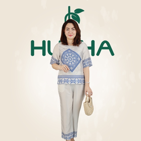 (Mã T19)  Đồ bộ trung niên Huy Hà  ,  kiểu dáng : cổ tròn , tay lỡ , bộ lụa chất vải tơ tằm