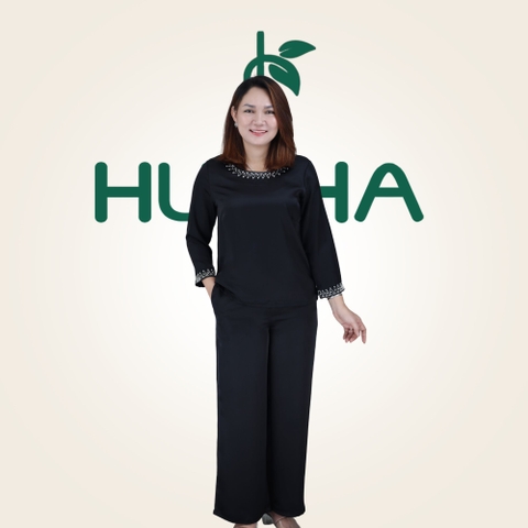 (Mẫu TC30 ) - Đồ bộ trung niên Huy Hà : cổ tròn kết cườm , tay dài , quần dài , vải tô châu