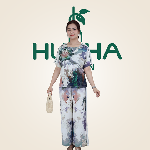 (Mẫu TC40 ) - Đồ bộ trung niên Huy Hà : cổ tròn , tay liền , quần dài , vải tô châu