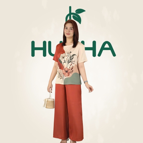 (Mẫu M7) - Đồ trung niên nữ HUY HÀ, vải lụa tơ tầm - Quần dài ống rộng , tay ngắn