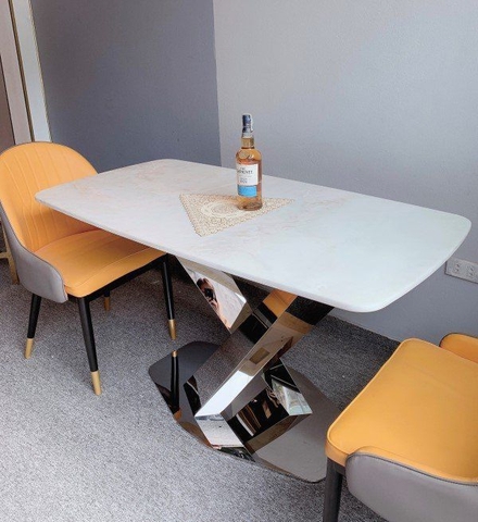 BÀN ĂN MẶT ĐÁ CHÂN X INOX TRẮNG - BAMD96