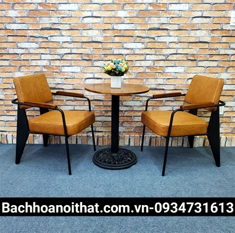 BÀN CAFE CHÂN GANG TRỤ TRÒN MẶT GỖ - BCF08