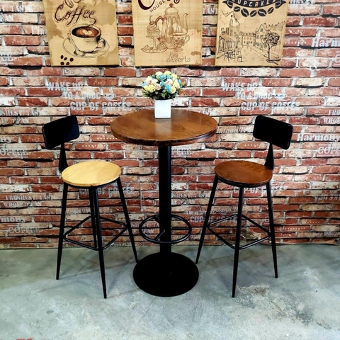 BỘ BÀN GHẾ CAFE BAR MẶT GỖ CHÂN SẮT - CF19