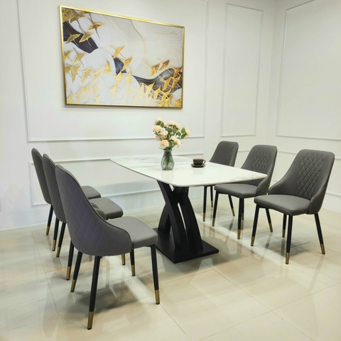 Bộ Bàn Ăn Chân X Cong 6 Ghế Sheraton trám-BBA50