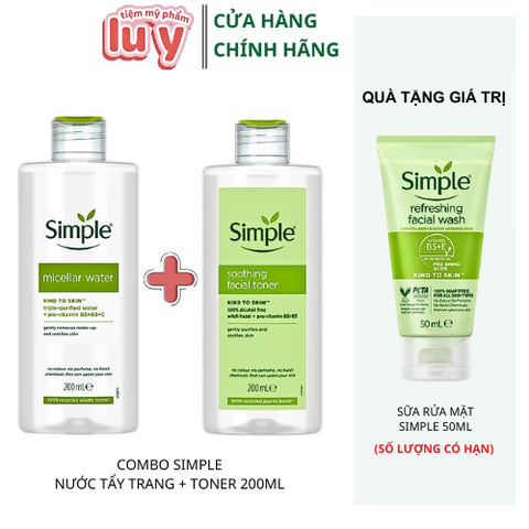 Combo Toner + Nước Tẩy Trang Simple 200ml [Hàng Cty - Free VAT]