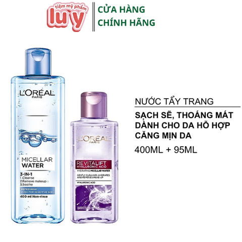 Combo Nước Tẩy Trang LOreal Tươi Mát Da 400ml + Căng Mịn Da 95ml [Hàng Công Ty + Full VAT]