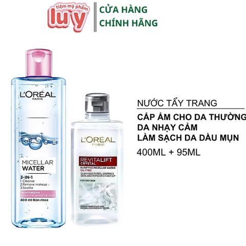 Combo Nước Tẩy Trang LOreal  Dưỡng Ẩm Da Thường 400ml + Làm Sạch Da Dầu 95ml [Hàng Công Ty + Full VAT]