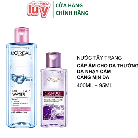 Combo Nước Tẩy Trang LOreal Dưỡng Ẩm 400ml + Căng Mịn Da 95ml [Hàng Công Ty + Full VAT]