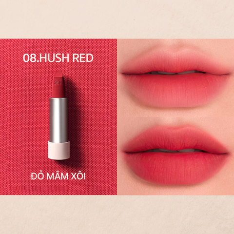 Son Thỏi 3CE Cashmere Hug Lipstick #08 Hush Red: Đỏ Mâm Xôi 3.5g