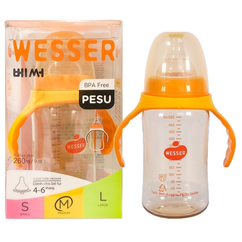 Bình sữa Wesser CR PESU 260ml có tay cầm+ống