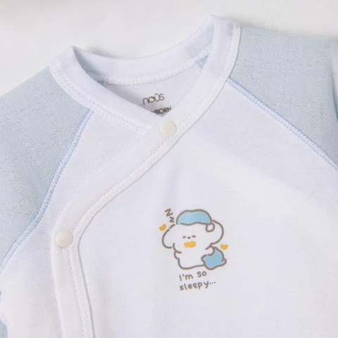 Bộ dài cài lệch xanh phối trắng mix mũ Newborn Nous