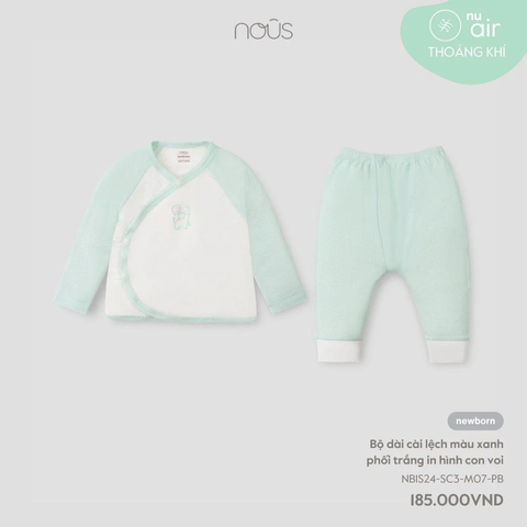 Bộ cài lệch màu xanh phối trắng in hình con voi NB Nous