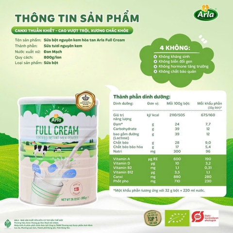 Sữa bột nguyên kem Arla Full Cream (1 tuổi+)