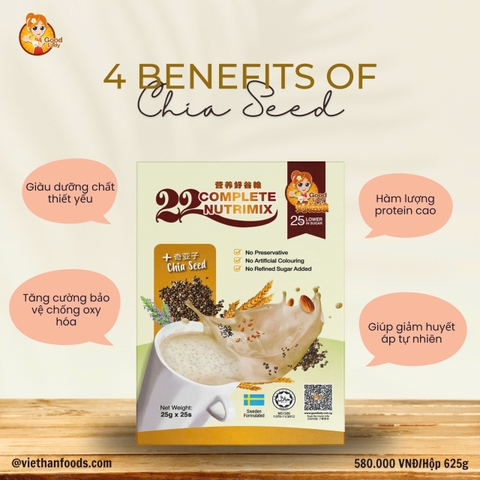 Bột ngũ cốc dinh dưỡng 22 Complete Nutrimix - Chia Seed (Hạt Chia) 625g - Hộp giấy