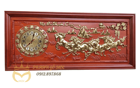 Tranh đồng hồ gỗ hương thếp vàng Mã Đáo Thành Công 108x48cm - TGM2004-2