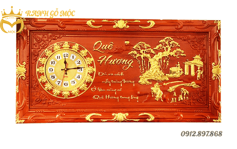 Tranh đồng hồ gỗ hương thếp vàng Quê Hương đục khung 81x41cm - TGM1009
