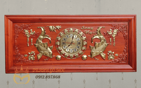 Tranh đồng hồ gỗ hương thếp vàng Lý Ngư Vọng Nguyệt 108x48cm - TGM2003