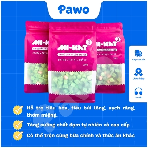 VIÊN CỎ GIẢM BÚI LÔNG CHO MÈO MI-KAT 200G PAWO