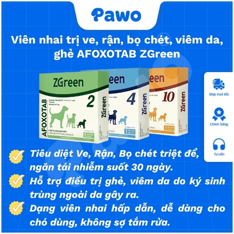 Viên nhai trị ve, rận, bọ chét, viêm da, ghẻ AFOXOTAB ZGreen PAWO