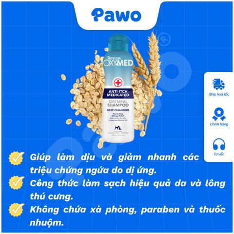 Sữa Tắm Nấm Da Viêm Da Cho Chó Mèo - TROPICLEAN OXYMED Anti-itch shampoo | PAWO