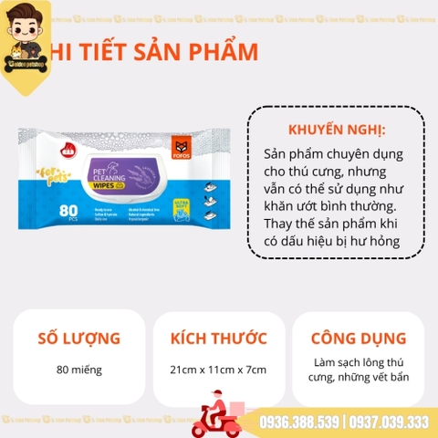 Khăn ướt kháng khuẩn cho thú cưng FOFOS - gói 80 miếng