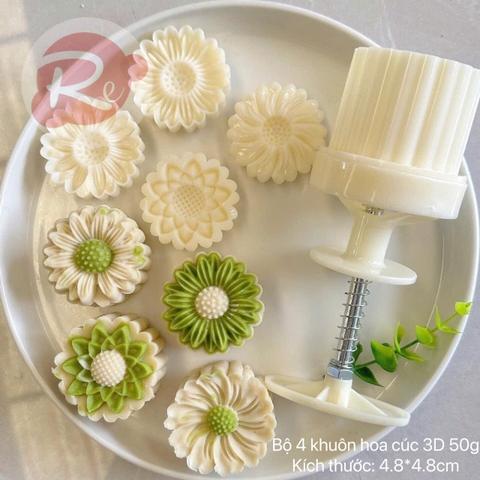{50GRAM} Khuôn ấn bánh trung thu - Bộ 4 hoa cúc