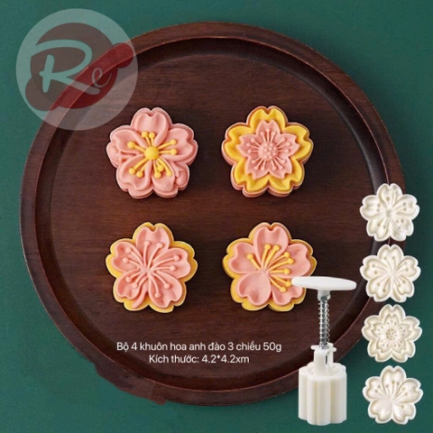 {50GRAM} Khuôn ấn bánh trung thu - Bộ 4 hoa anh đào 3D