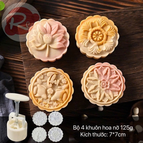 {125GRAM} Khuôn ấn bánh trung thu - Bộ 4 hoa nở