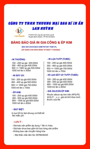 BẢN BÁO GIÁ IN CÔNG TY LAN HUỲNH