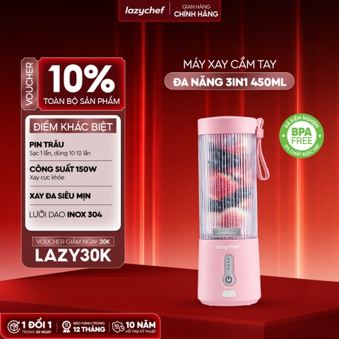 [PHIÊN BẢN MÀU HỒNG MỚI NHẤT] MÁY XAY TÍCH ĐIỆN ĐA NĂNG 3IN1 LAZYCHEF 450ML