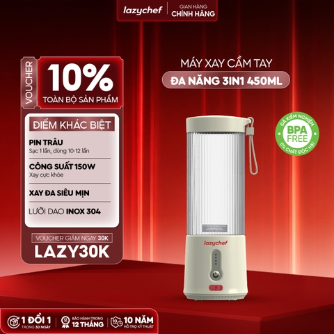[PHIÊN BẢN MÀU KEM MỚI NHẤT] MÁY XAY TÍCH ĐIỆN ĐA NĂNG 3IN1 LAZYCHEF 450ML