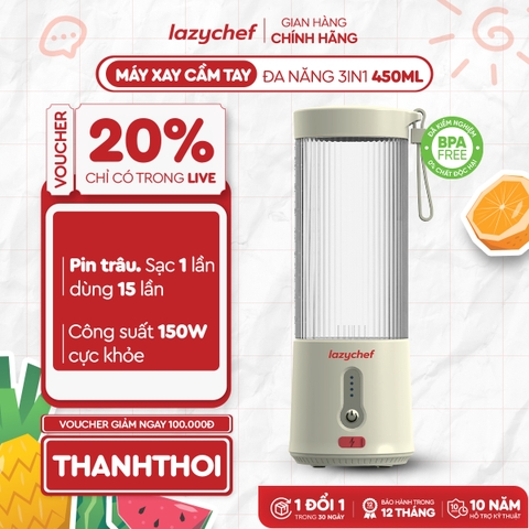 [PHIÊN BẢN MÀU KEM MỚI NHẤT] MÁY XAY TÍCH ĐIỆN ĐA NĂNG 3IN1 LAZYCHEF 450ML