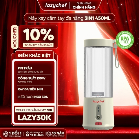 [PHIÊN BẢN MÀU KEM MỚI NHẤT] MÁY XAY TÍCH ĐIỆN ĐA NĂNG 3IN1 LAZYCHEF 450ML