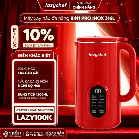 MÁY LÀM SỮA HẠT 8IN1 PRO INOX 316L LAZYCHEF , 12 LƯỠI DAO, NẤU 1000W, 1.2L, Ủ SỮA CHUA, BẢO HÀNH 12 THÁNG