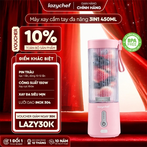 [PHIÊN BẢN MÀU HỒNG MỚI NHẤT] MÁY XAY TÍCH ĐIỆN ĐA NĂNG 3IN1 LAZYCHEF 450ML