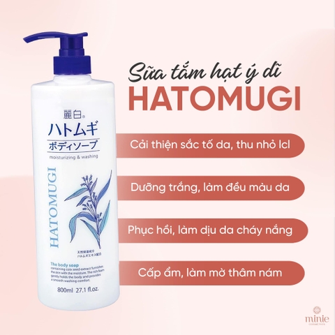 Sữa Tắm Dưỡng Ẩm, Trắng Da Chiết Xuất Ý Dĩ Nhật Bản Hatomugi Moisturizing & Washing The Body Soap 800ml