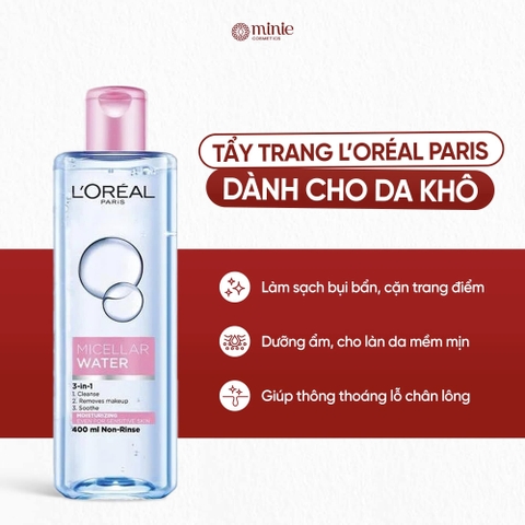 Nước Tẩy Trang Dành Cho Da Thường, Da Khô, Da Nhạy Cảm Và Da Make Up Đậm L'ORÉAL PARIS Micellar Water 3IN1 Refreshing Even For Sensitive Skin 250ml