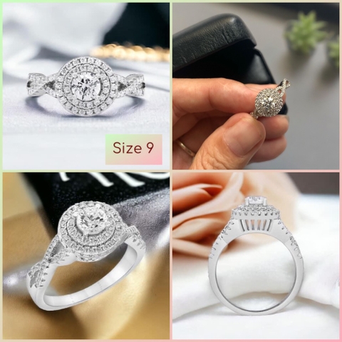 Nhẫn DIAMONDMUSE 0.30 Carat T.G.W. Sterling Silver Australian Crystal and Cubic Zirconia Halo Size 9