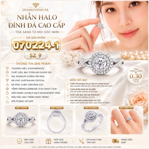 Nhẫn DIAMONDMUSE 0.30 Carat T.G.W. Sterling Silver Australian Crystal and Cubic Zirconia Halo Size 9
