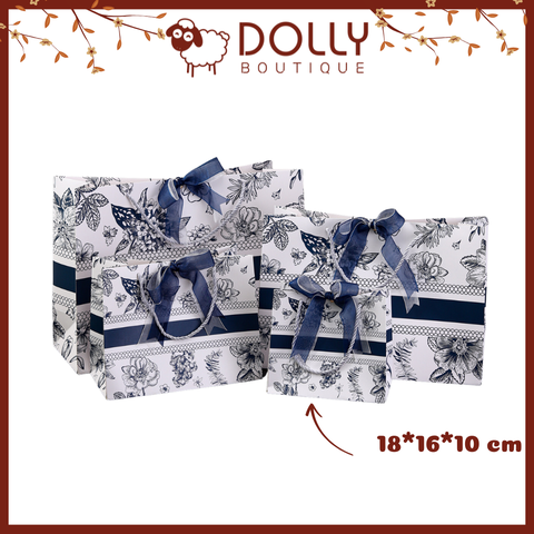 Túi Giấy Quà Tặng Trắng Hoa Văn Xanh Tết 2025 18*6*10CM