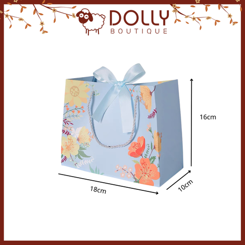 Túi Giấy Đựng Quà Xanh Biển Hoa Có Ruy Băng Nơ - Size nhỏ 18*10*16cm