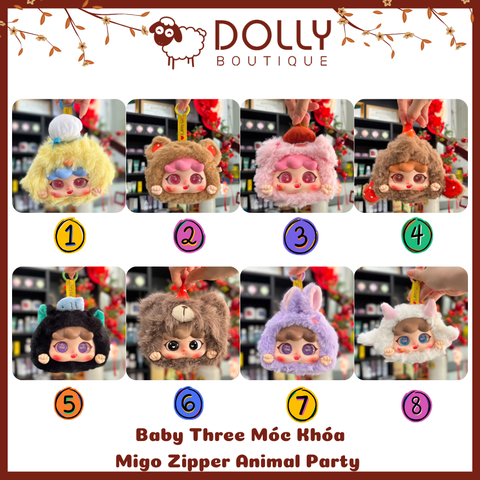 Gấu Bông Baby Three Migo Zipper Animal Party Móc Khóa ( Bữa Tiệc Động Vật )  [ Giao theo phân mục đã unbox]