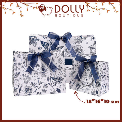 Túi Giấy Quà Tặng Trắng Hoa Văn Xanh Happy Time Tết 2025 18*6*10CM